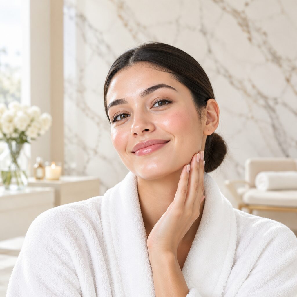 A young woman with clear, glowing skin