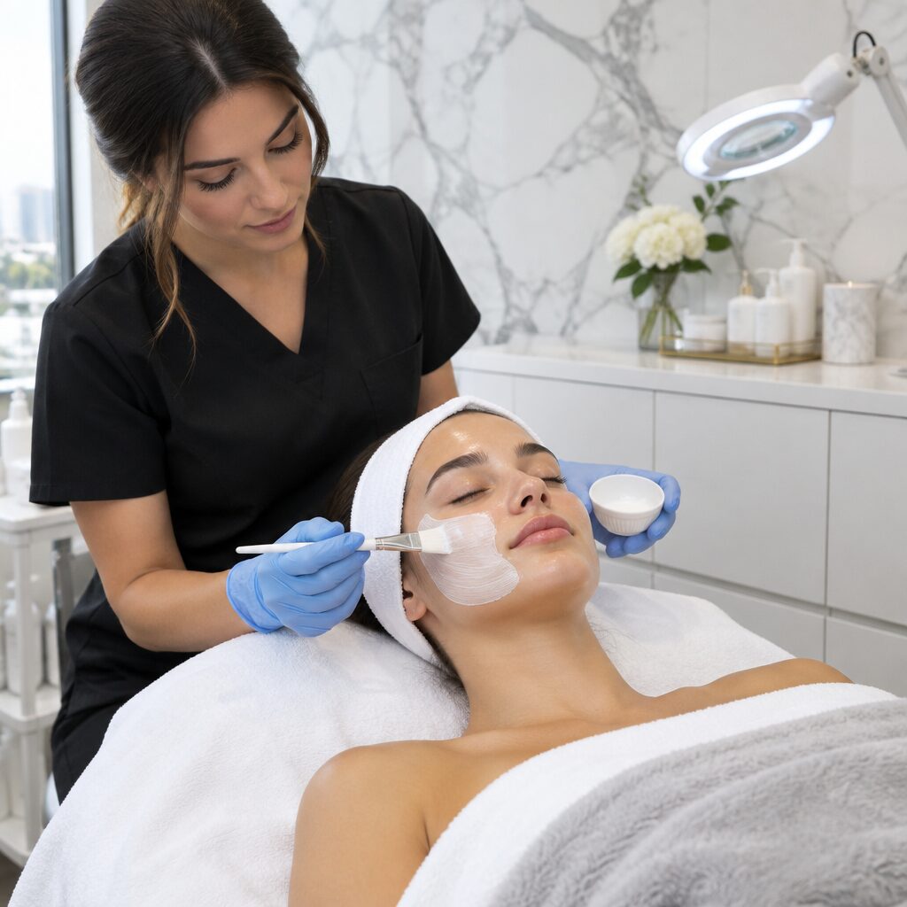 An aesthetician applying a clarifying mask during an Acne Bootcamp treatment