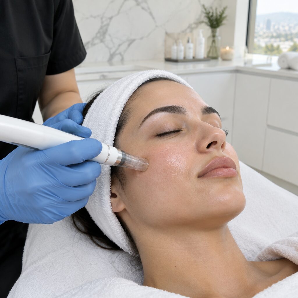 A provider microneedling a client's cheek during an Acne Scar Bootcamp treatment
