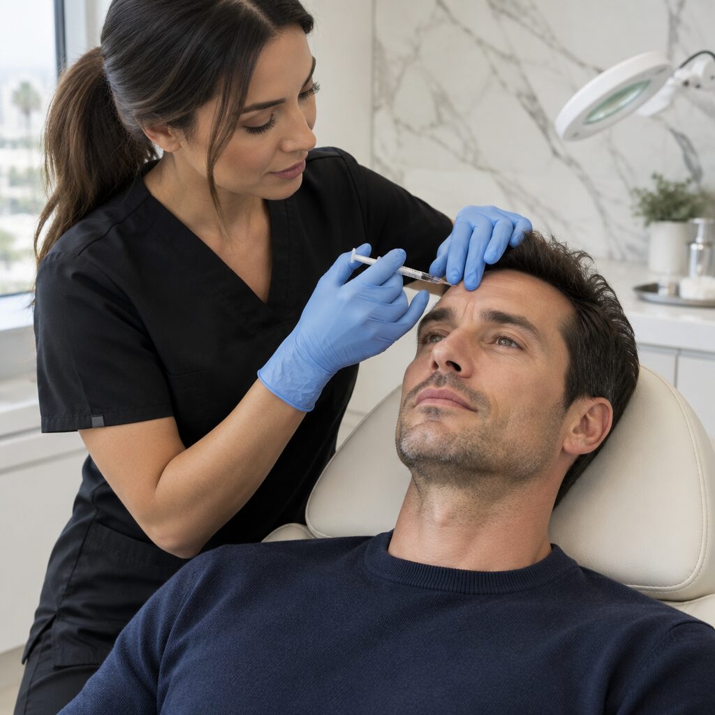 An injector giving a man Brotox, Botox for men, at a Downtown Los Angeles med spa