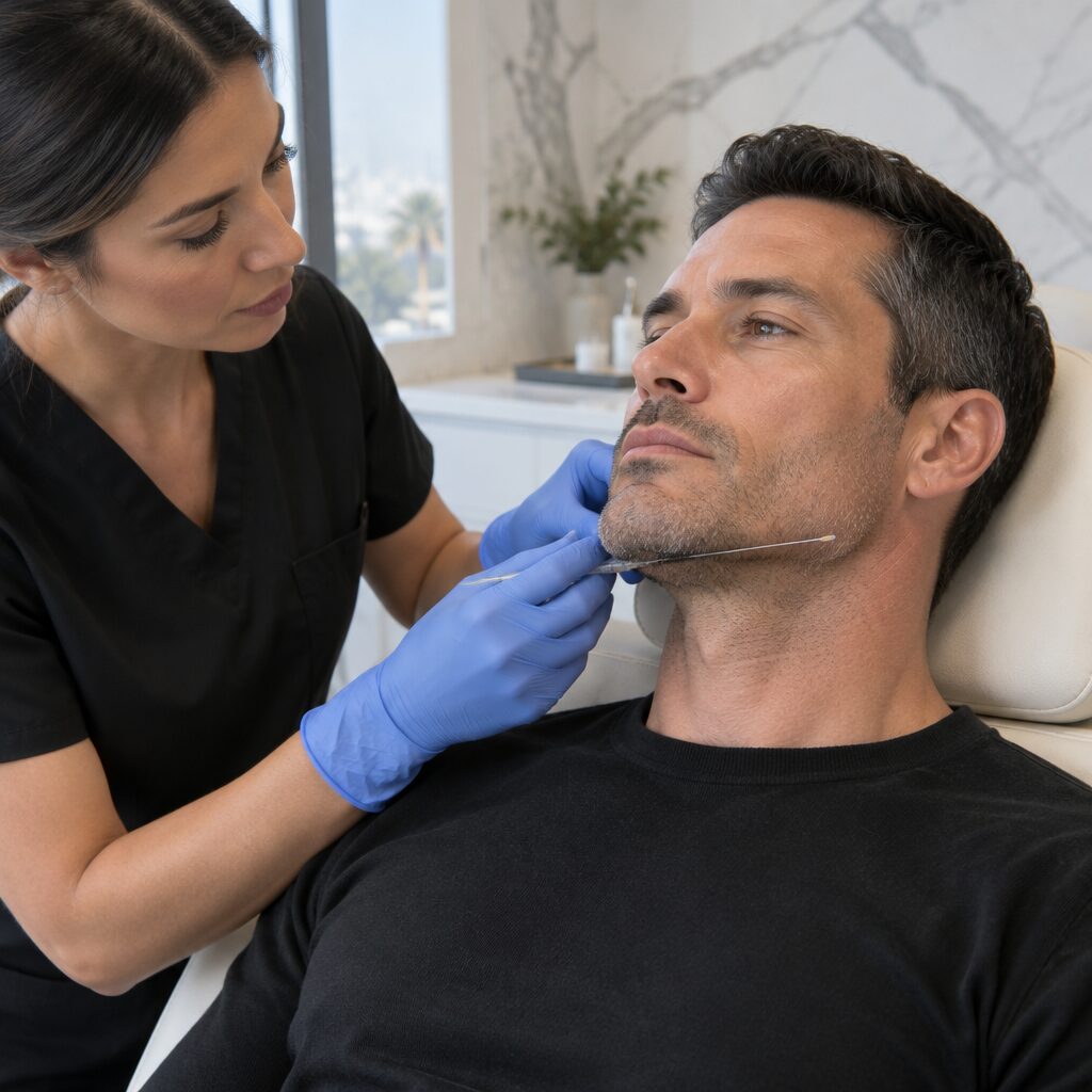 An injector placing jawline filler for a man at a Downtown Los Angeles med spa