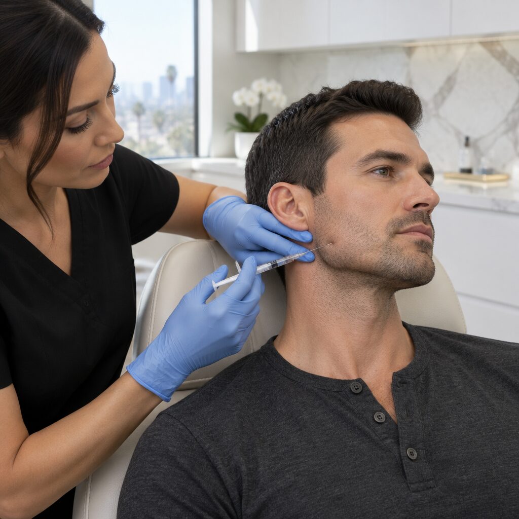 An injector treating a man's masseter muscle with Botox for jaw slimming and clenching