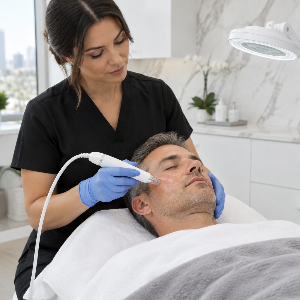 A provider performing RF microneedling on a man's face at a Downtown Los Angeles med spa