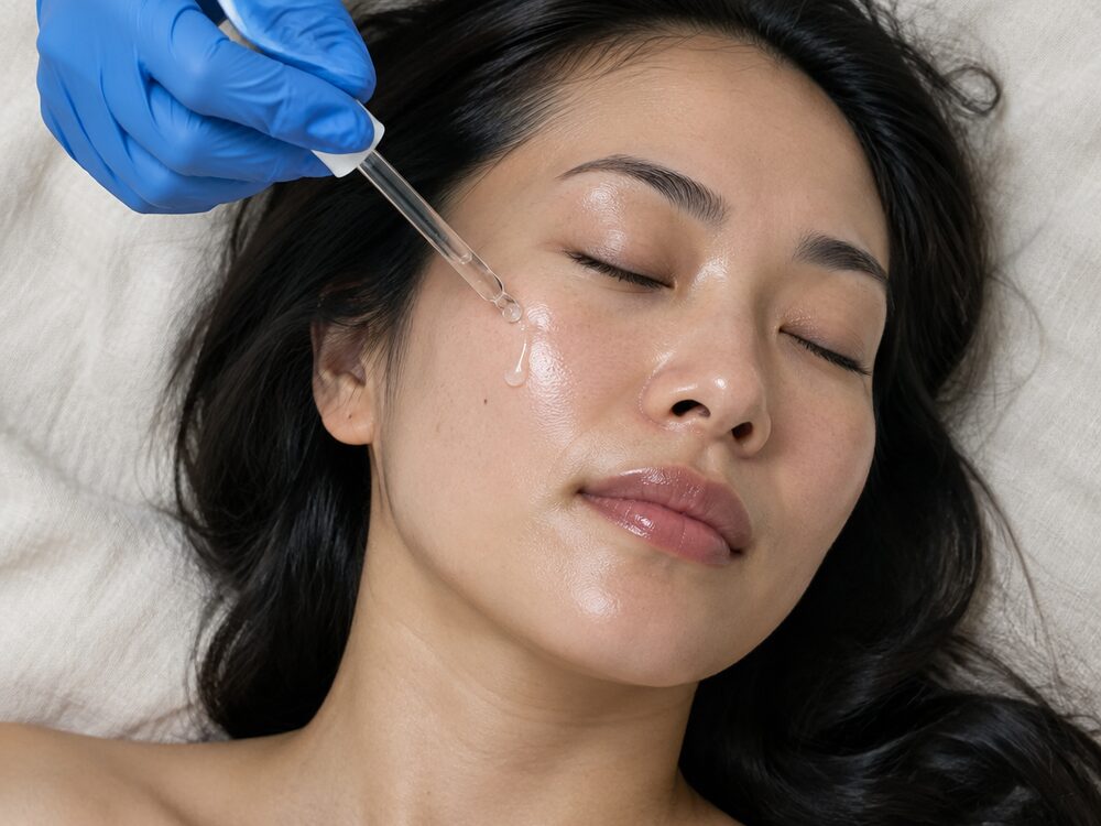 A provider applying drops of clear exosome serum to a client's cheek